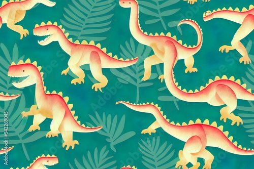 Dinosaur seamless pattern. Watercolor cartoon dino wallpaper. Surface design with palm trees and prehistorical reptile stegosaurus, pterodactil, triceratops © AkuAku