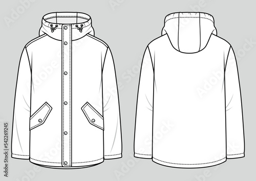 Men's hooded raincoat jacket. Fashion sketch. Flat technical drawing. Vector illustration.