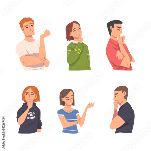 Thoughtful Man and Woman Character Scratching Head Thinking and Considering Something Vector Set