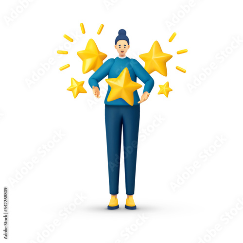3d five stars the best estimate of performance, the score of five points. people leave feedback and comments, successful work is the highest score vector. 3d vector illustration on white background