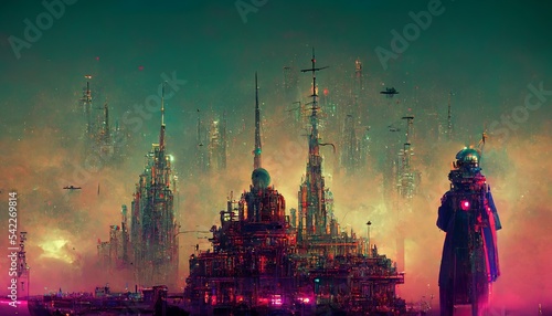 Cyberpunk metropolis with skycrapers 