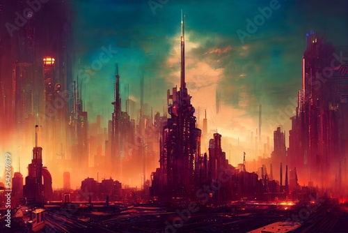 Cyberpunk metropolitan with skycrapers in sunset