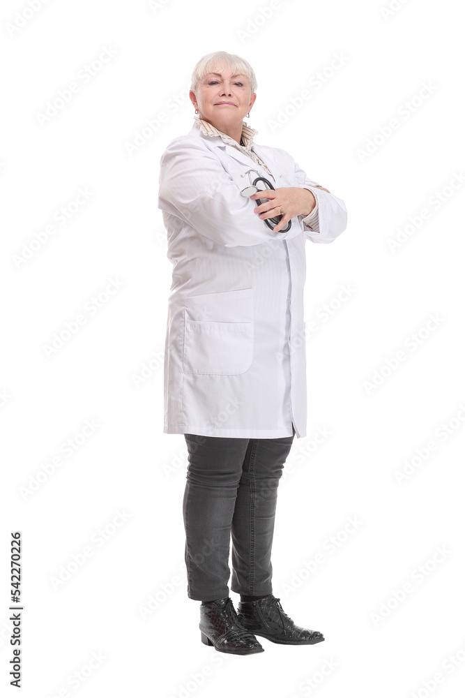 Side view of mature doctor examining lungs of an imaginary patient with stethoscope Side view of mature doctor examining lungs of an imaginary patient with stethoscope