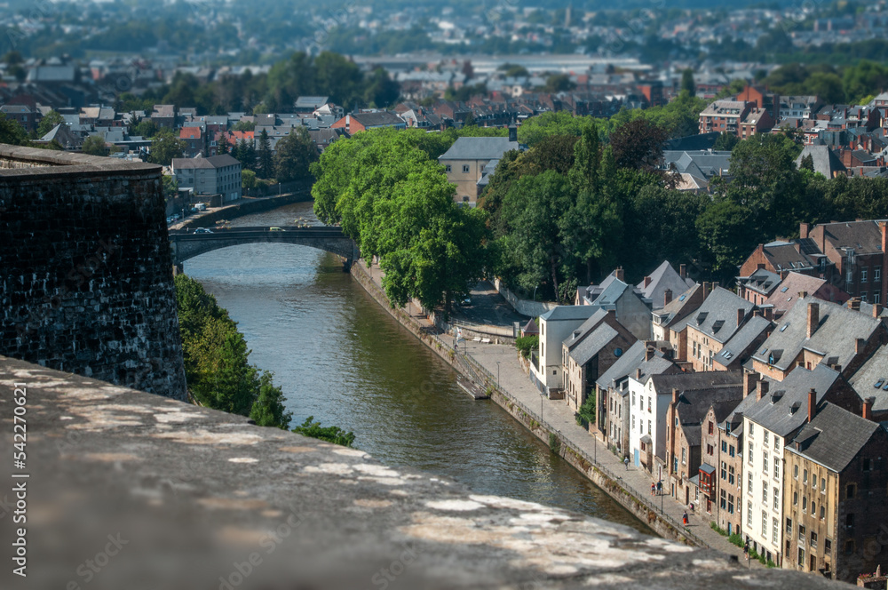 View of the city of Namur from the Citadel, Wallonia, Belgium. Historical buildings of the medieval city.