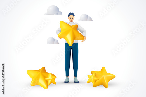 3d man review 5 stars in mobile application. high positive feedback realistic 3d high customer rating on the job. stars golden yellow glossy color ,stars quality rating vector illustration render