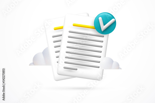 3d icon of documents approved and signed. business icon checked and approved sample paper sheet document , quality assurance vector illustration 3d realistic