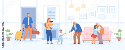 Visiting grandparents. Happy family with children visit grandparent, kid run to grandfather, grandmother and child embrace, grandchildren greeting elderly man, vector illustration