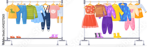 Kids clothes racks. Children apparel on hanger of baby shop or kid wardrobe, fashion coats pants dress rack for closet sale store or child garment charity, neat vector illustration