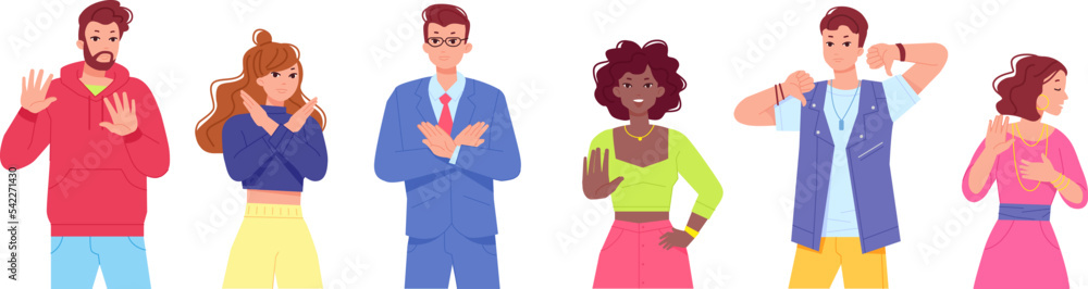 People negative gestures. Person refuse gesture, stop sign body language disagree pose woman disapproval human denial, serious grumpy face no expression swanky vector illustration People negative gestures. Person refuse gesture, stop sign body language disagree pose woman disapproval human denial, serious grumpy face no expression swanky vector illustration
