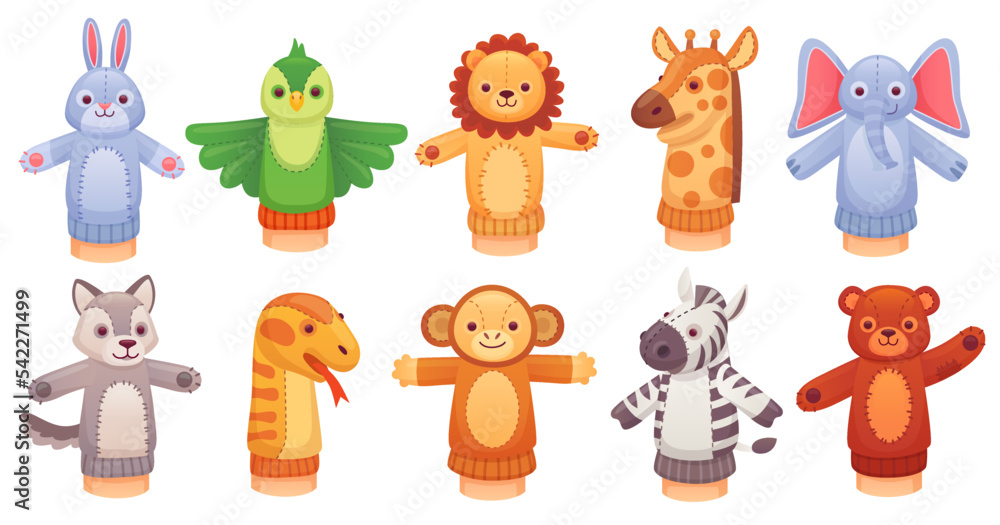 Animal puppet toys. Cartoon handmade funny puppets for puppeteer hands