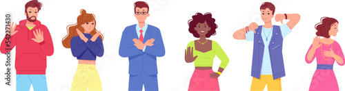 People negative gestures. Person refuse gesture, stop sign body language disagree pose woman disapproval human denial, serious grumpy face no expression swanky vector illustration