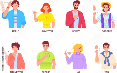 Basic deaf signs. Deaf-mute sign language symbol, articulated gestures for conversation deafness mute people goodbye hello thank you