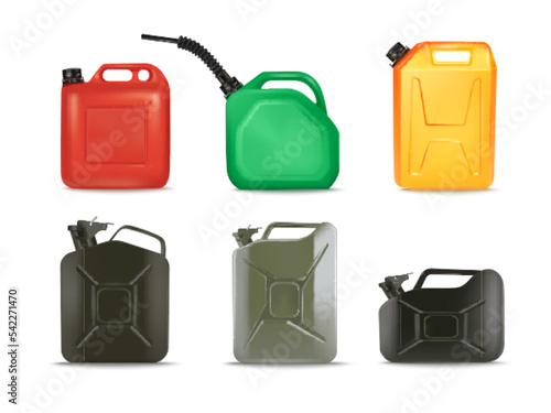 3d fuel cans. Oil jerrycan gasoline plastic canister ethanol tank liquid gas tank petrol gallon diesel red can container flammable automobile fuelin bottle tidy vector illustration