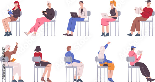 Sitting pupils on chair. Diverse students sit in seat front, back and side views, teen people study at university lecture or college lesson classroom, recent vector illustration