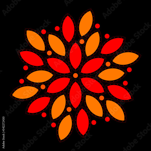 Floral mandala in red and orange colors on a black background