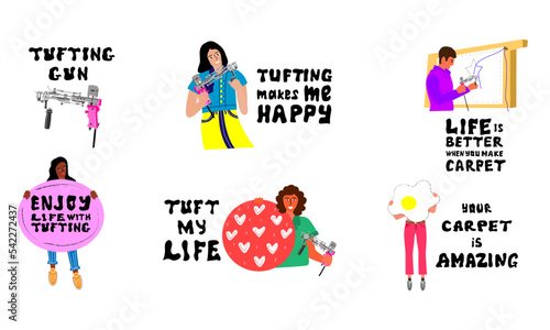 Collection of hand drawn lettering about tufting.Unique vector design elements.The set of people and lettering creating tufting. People holding carpets, gun and make rug. Holding a tufting gun