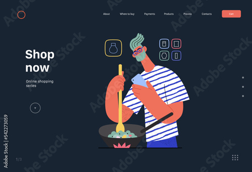 Shop now - Online shopping and electronic commerce web template - modern flat vector concept illustration of a man cooking in pan and shopping. Promotion, discounts, sale and online orders concept