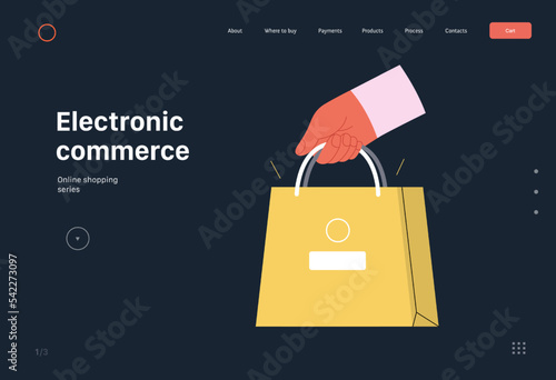 Electronic commerce -Online shopping and electronic commerce web template -modern flat vector concept illustration of a hand holding shopping bag. Promotion, discounts, sale and online orders concept