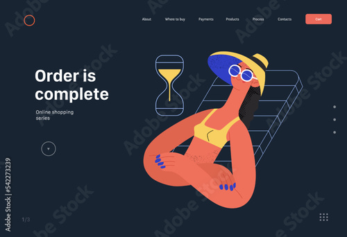 Order is complete - Online shopping and electronic commerce web template - modern flat vector concept illustration of a woman made an order and relaxing sunbathing. Sale and online orders concept