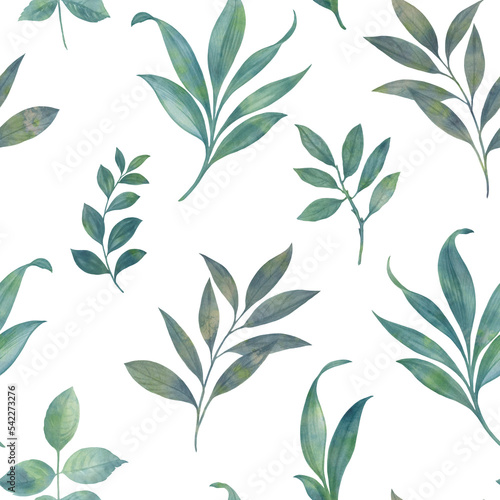 Green leaves seamless pattern with abstract watercolor for wallpaper  wrapping paper  print  design.