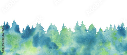 Coniferous forest silhouette on a green watercolor background. Forest isolated illustration template on white background.
