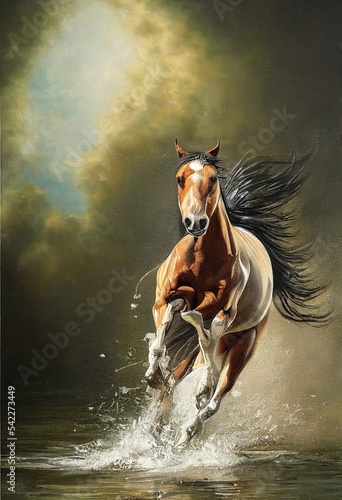 Fotografie, Tablou horse on the beach running free through water, wild stallion