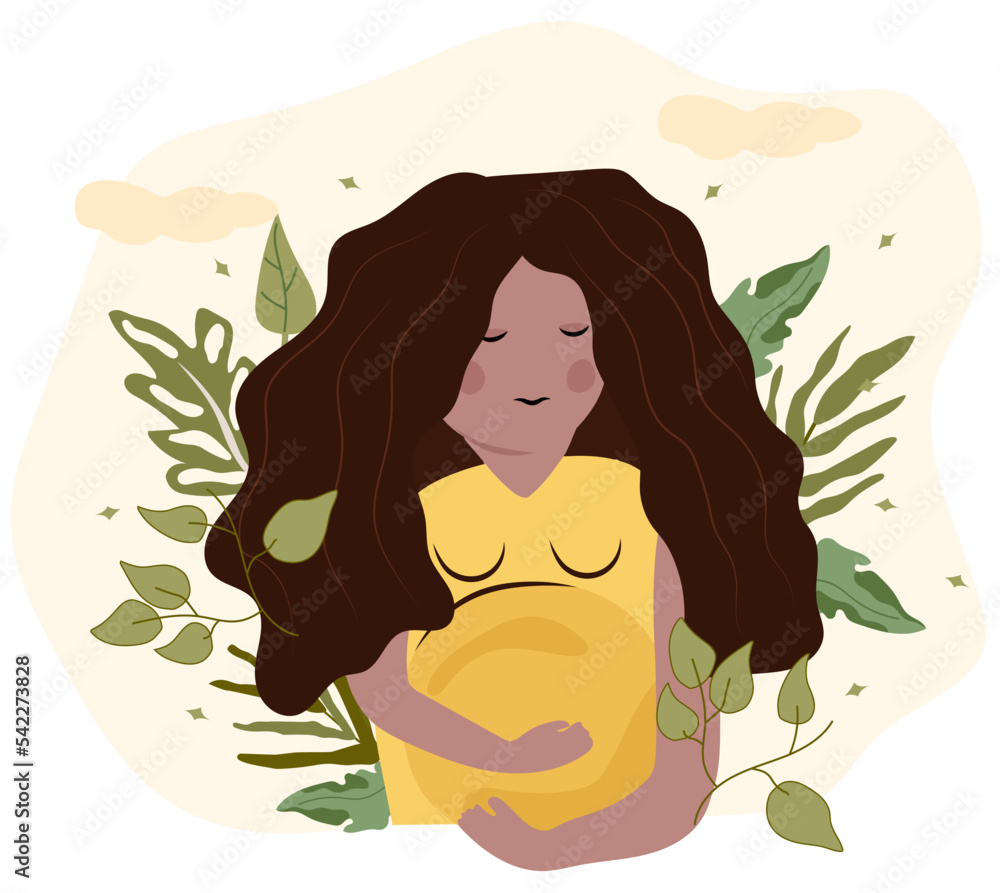 Happy pregnant woman on the background of flowers and leaves. A woman is waiting for the birth of a child. Female character in flat style. Vector illustration. Happy pregnant woman on the background of flowers and leaves. A woman is waiting for the birth of a child. Female character in flat style. Vector illustration.