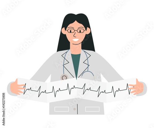 Female cardiologist doing heart medical diagnostic and treatment. Woman doctor holding patient ECG. Medical character studying heartbeat examination. Medic person hand drawn flat vector illustration