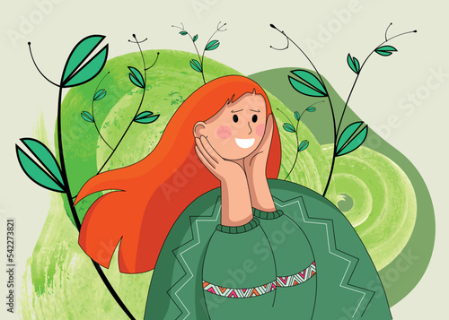 vector illustration of a girl with red hair smiling, watercolor green background and branches of green peas on the background