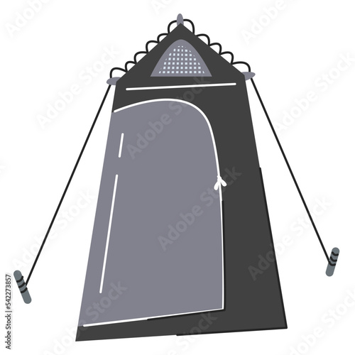 Vertical bathroom camping house concept design. Tourist dome tent for outdoor activities. Adventure hiking and sports tourism season. Hand drawn flat vector illustration isolated on white background