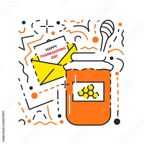Honey jar with spindle spoon textured icon concept design with dots and lines. Happy thanksgiving day greeting card isolated on white. Traditional harvest holiday symbols. Flat vector illustration