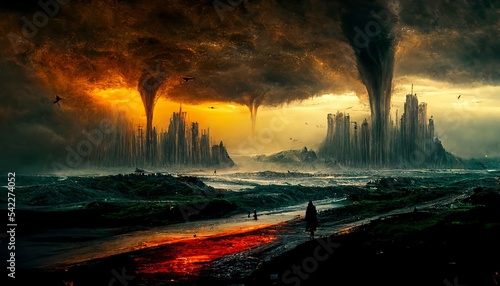 Futuristic dystopian ocean landscape with tornado