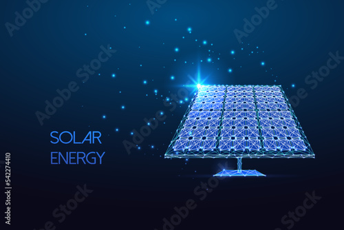 Solar panel in futuristic polygonal style on blue background. Renewable sustainable energy sources