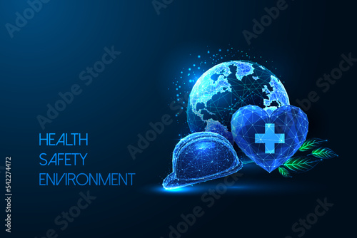 Concept of Health Safety Environment in futuristic glowing low polygonal style on blue background