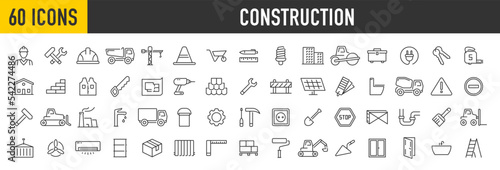 Set of 60 Construction web icons in line style. Building, engineer, business, road, repair tools, equipment, helmet, crane, builder, industry collection. Vector illustration.