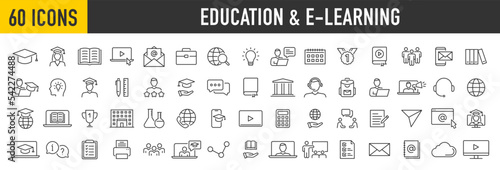 Set of 60 Education and e learning web icons in line style. School, university, success, academic, textbook, Distance learning collection. Vector illustration.