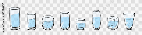Set of sketch transparent water glasses in different shapes. Isolated.