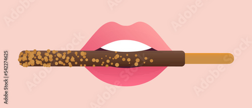 Chocolate dipped pepero stick in pink lips vector illustration isolated on background. Celebration card for Pepero day. Flat cartoon style