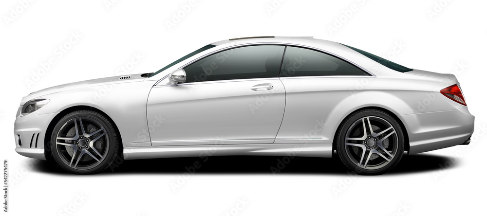 Modern white car coupe side view isolated on white background.