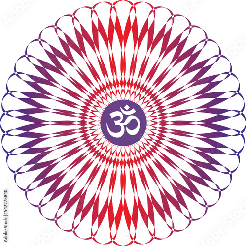 Openwork elegant mandala in red and purple colors on a black background. The sign aum, om, ohm in the center. Vector graphics.