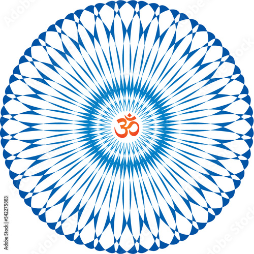 Openwork elegant mandala with aum, om, ohm sign in center. Spiritual symbol. Blue colors. Vector graphics.