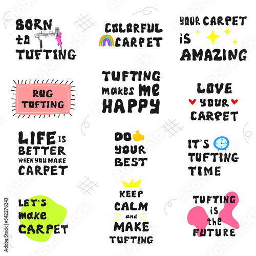 Collection of hand drawn lettering about tufting.Unique vector design elements.The set of  tufting lettering . Illustration of hand drawn lettering about tufting.