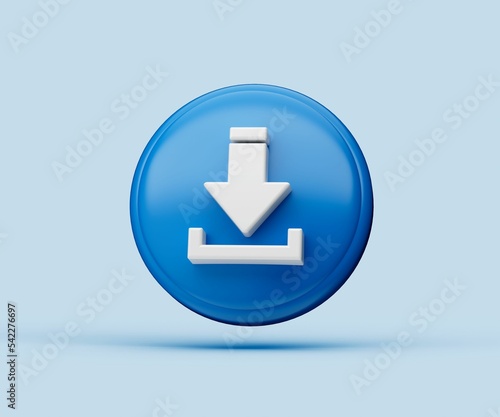 3D illustration download button on blue background with shadow