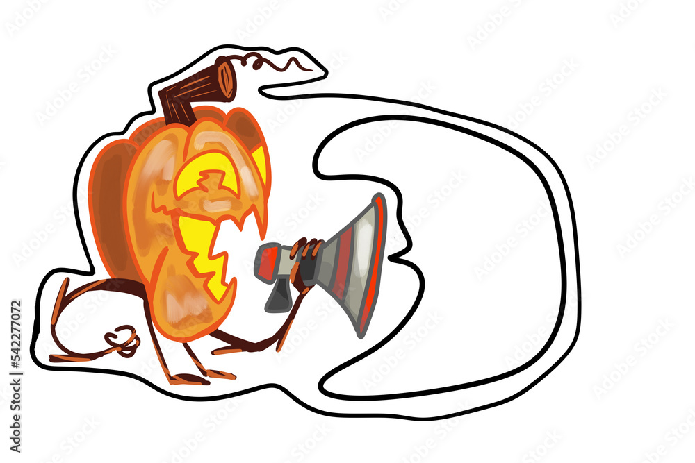 drawing of a pumpkin head in horror screams into a megaphone, halloween drawing of a pumpkin head in horror screams into a megaphone, halloween