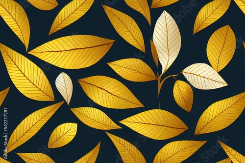2d illustrated seamless pattern with gold leaves. Exotic botanical background design for cosmetics, spa, textile. Best as wrapping paper, wallpaper.