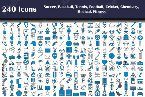 240 Icons Of Soccer, Baseball, Tennis, Football, Cricket, Chemistry, Medical, Fitness