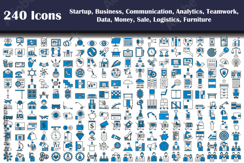 240 Icons Of Startup, Business, Communication, Analytics, Teamwork, Data, Money, Sale, Logistics, Furniture