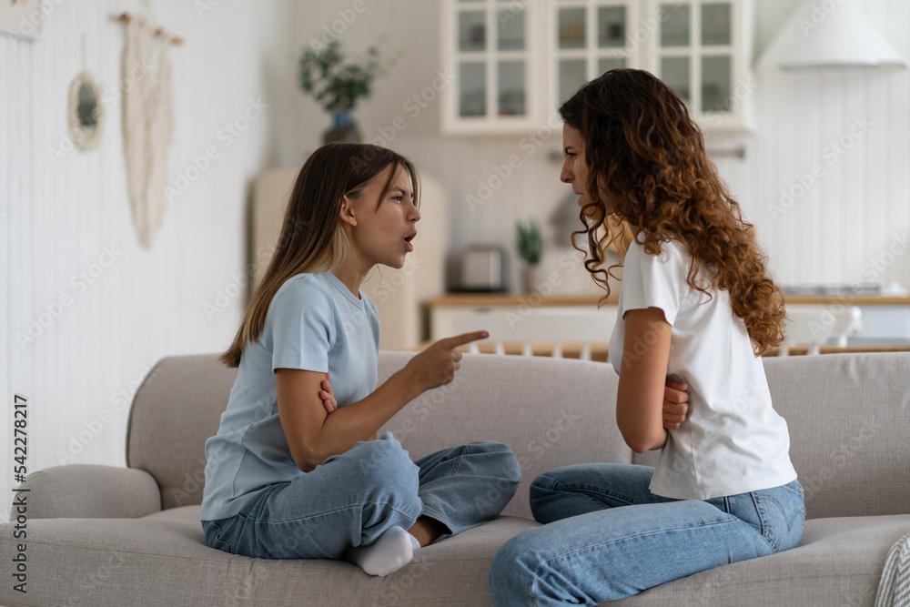 Troubled teenager points finger at mother or older sister and makes claims about interference in personal life. Dissatisfied Italian woman listens to daughter hurtful words sits on sofa at home. Troubled teenager points finger at mother or older sister and makes claims about interference in personal life. Dissatisfied Italian woman listens to daughter hurtful words sits on sofa at home.