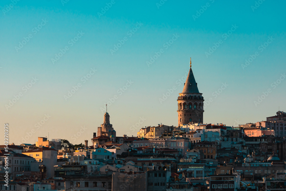 Galata Tower view at sunset. Travel to Istanbul background photo with copy space