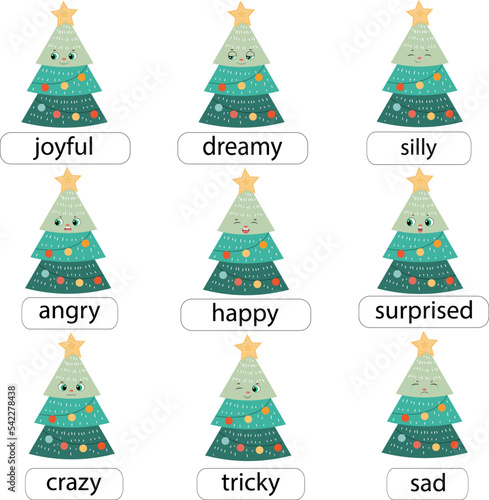 Cute Christmas tree emotions collection. Different emotional faces set with Christmas tree learning feeling poster
